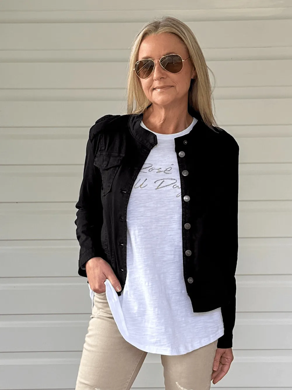 Military Style Denim Jacket - Black