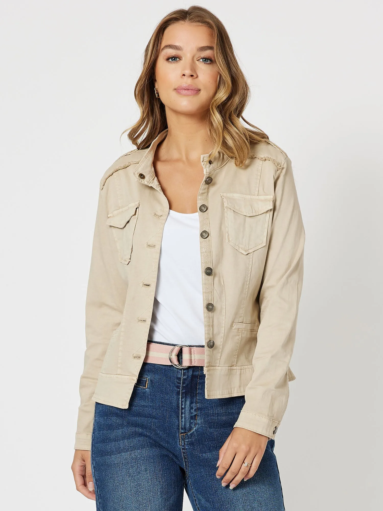 Military Style Denim Jacket - Natural