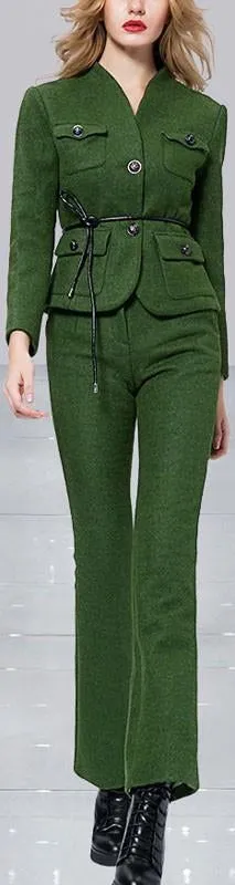 Military Style Jacket & Pant Set in Green