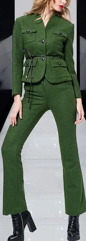 Military Style Jacket & Pant Set in Green