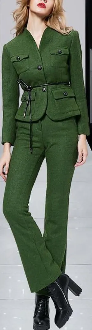 Military Style Jacket & Pant Set in Green