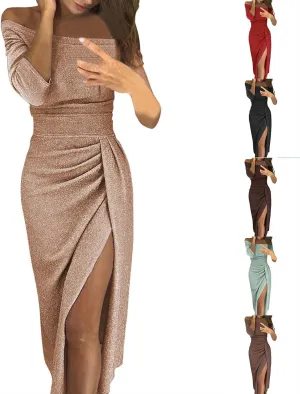 Off Shoulder Cocktail Dresses with Slit Women 2025 Sexy Elegant Formal Bodycon Ruched Long Dress Party Club Wear