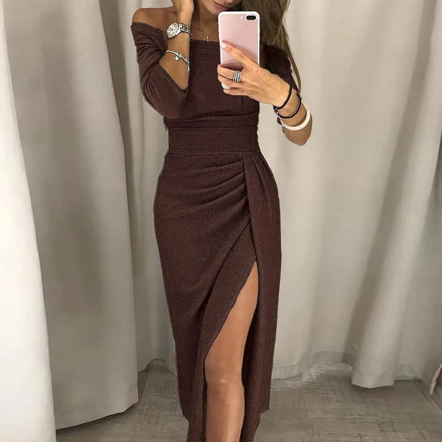 Off Shoulder Cocktail Dresses with Slit Women 2025 Sexy Elegant Formal Bodycon Ruched Long Dress Party Club Wear