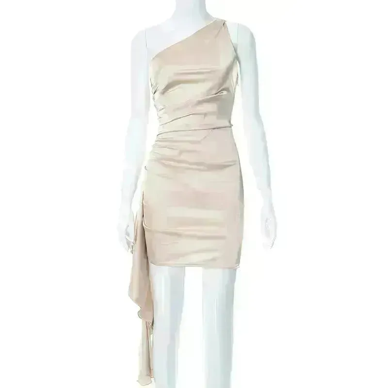 One-shoulder Sleeveless Mini Dress Charming Slim Backless Party Wedding Satin Dresses Womens Clothing