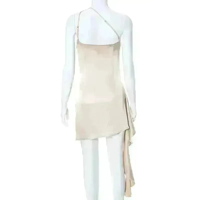 One-shoulder Sleeveless Mini Dress Charming Slim Backless Party Wedding Satin Dresses Womens Clothing