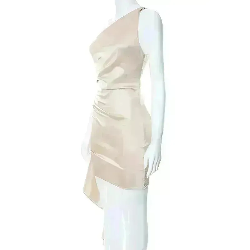 One-shoulder Sleeveless Mini Dress Charming Slim Backless Party Wedding Satin Dresses Womens Clothing