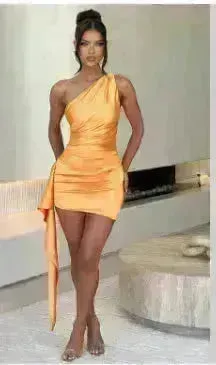 One-shoulder Sleeveless Mini Dress Charming Slim Backless Party Wedding Satin Dresses Womens Clothing