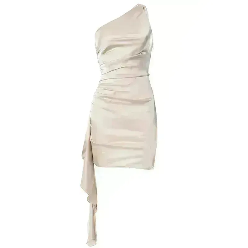 One-shoulder Sleeveless Mini Dress Charming Slim Backless Party Wedding Satin Dresses Womens Clothing