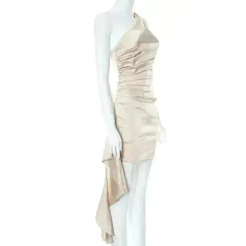 One-shoulder Sleeveless Mini Dress Charming Slim Backless Party Wedding Satin Dresses Womens Clothing