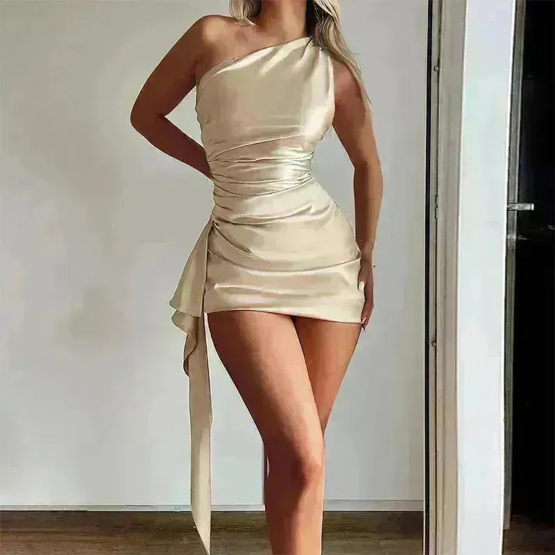 One-shoulder Sleeveless Mini Dress Charming Slim Backless Party Wedding Satin Dresses Womens Clothing
