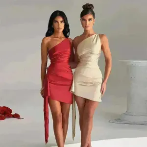 One-shoulder Sleeveless Mini Dress Charming Slim Backless Party Wedding Satin Dresses Womens Clothing