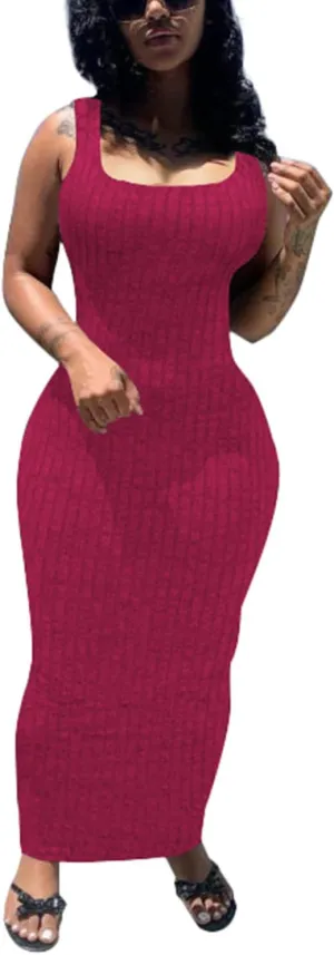 PINSV Women's Bodycon Maxi Dress Stretchy Sleeveless Tank Dress Summer Long Ribbed Casual Beach Party Dress