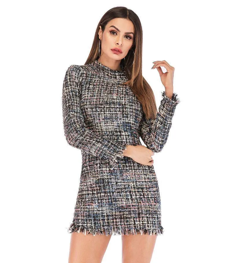Printed Plaid Tassels Mini Dress