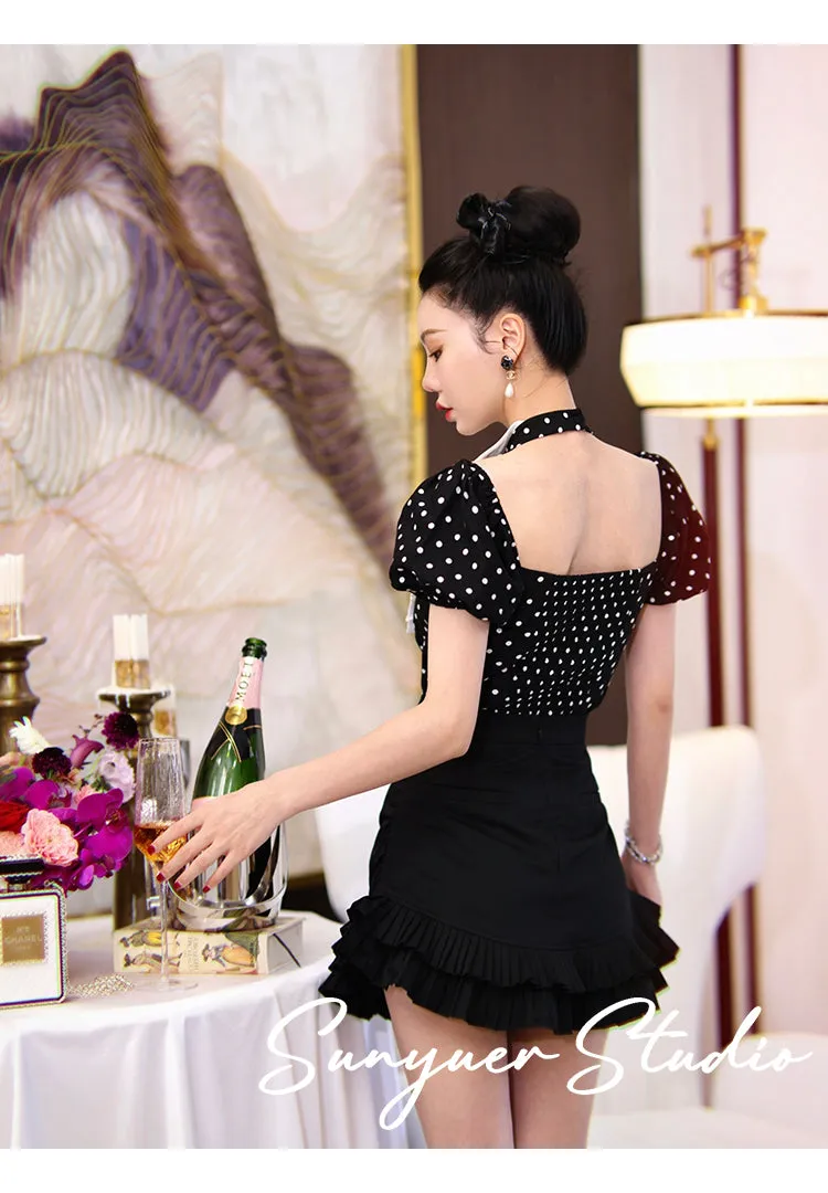 Retro Hepburn inspired black high waist pleated skirt puff sleeves chiffon top two piece suit set- Chia