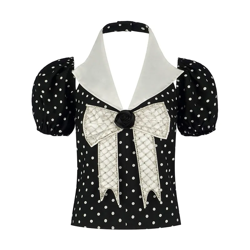 Retro Hepburn inspired black high waist pleated skirt puff sleeves chiffon top two piece suit set- Chia