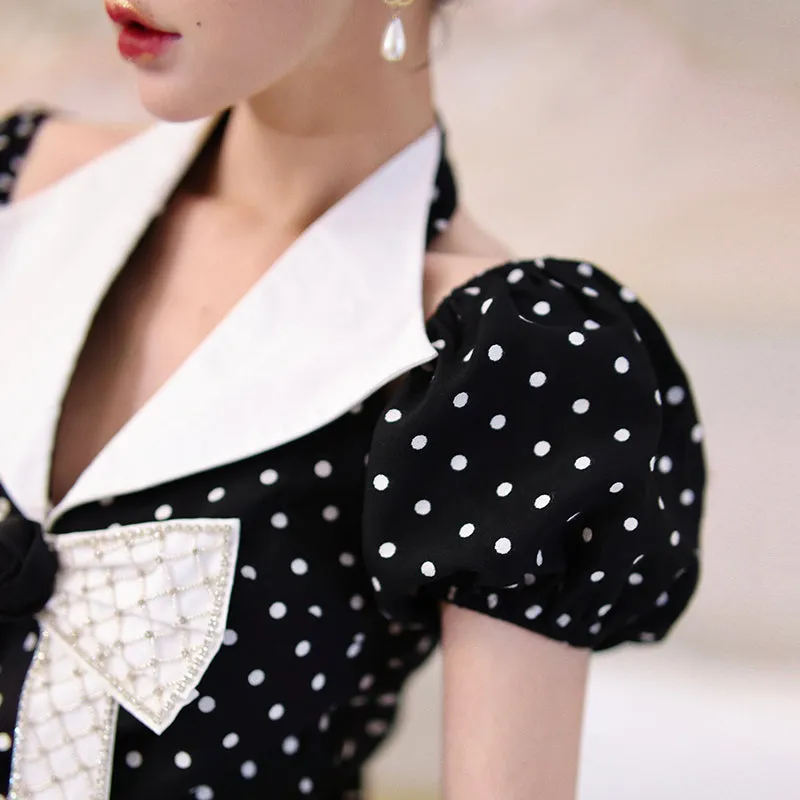 Retro Hepburn inspired black high waist pleated skirt puff sleeves chiffon top two piece suit set- Chia