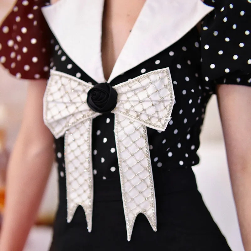 Retro Hepburn inspired black high waist pleated skirt puff sleeves chiffon top two piece suit set- Chia