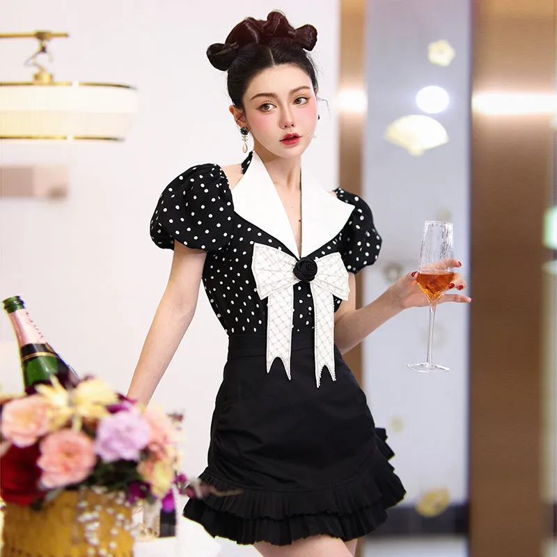 Retro Hepburn inspired black high waist pleated skirt puff sleeves chiffon top two piece suit set- Chia
