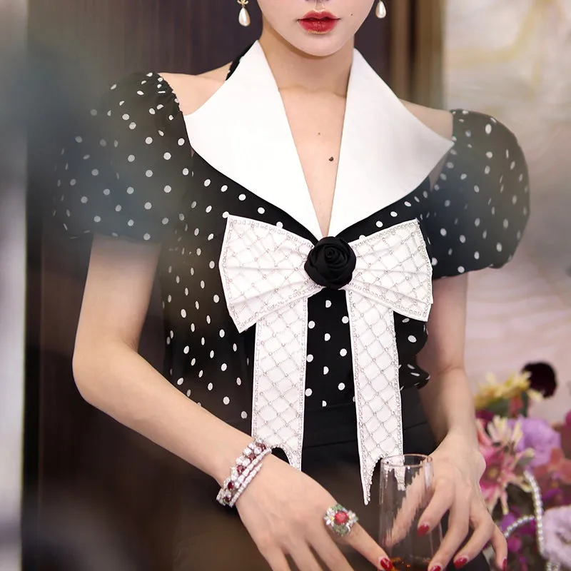 Retro Hepburn inspired black high waist pleated skirt puff sleeves chiffon top two piece suit set- Chia