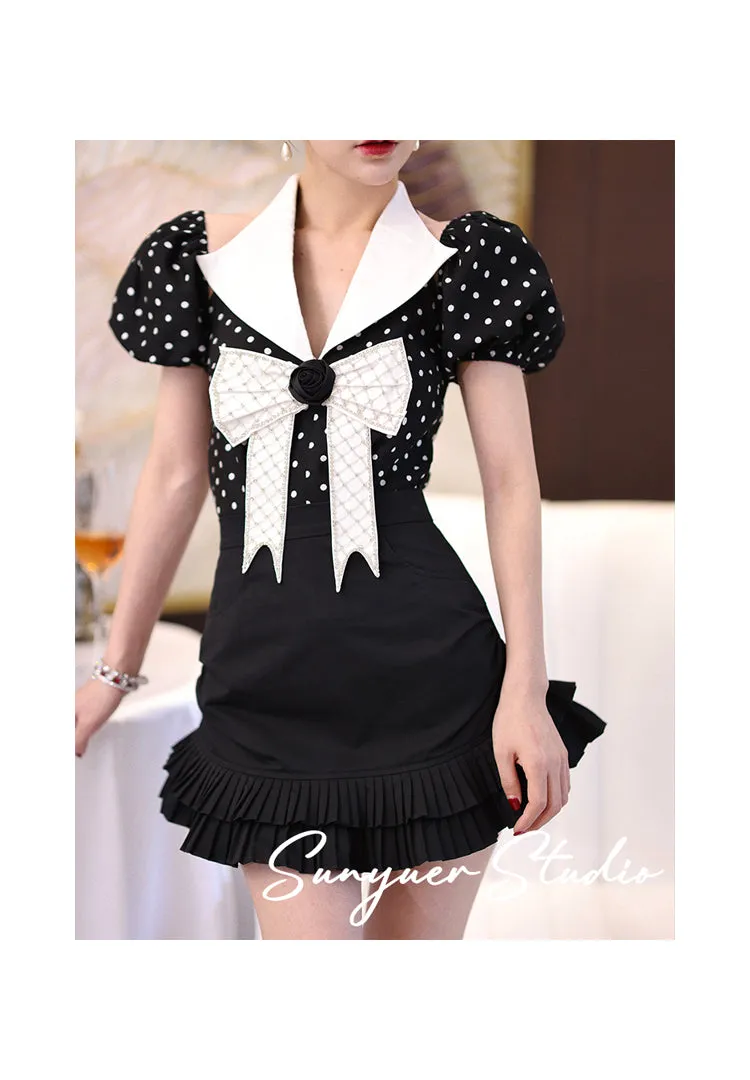 Retro Hepburn inspired black high waist pleated skirt puff sleeves chiffon top two piece suit set- Chia