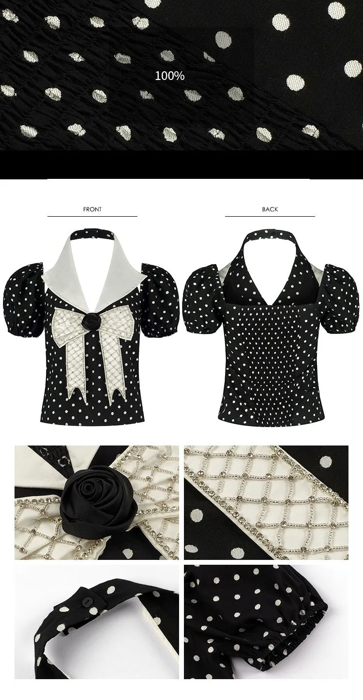 Retro Hepburn inspired black high waist pleated skirt puff sleeves chiffon top two piece suit set- Chia