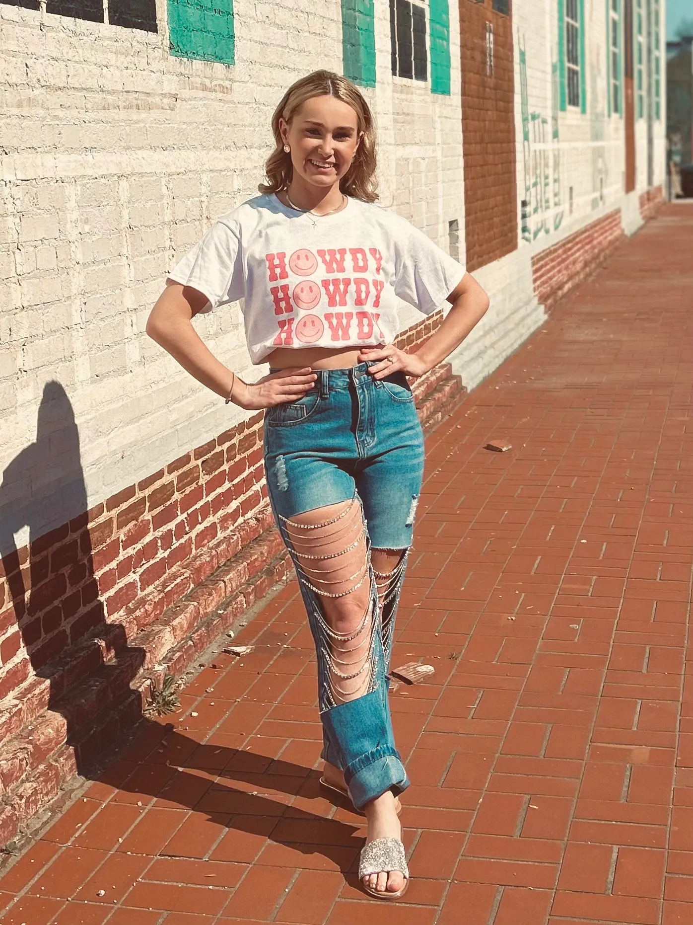 Rhinestone cut out jeans