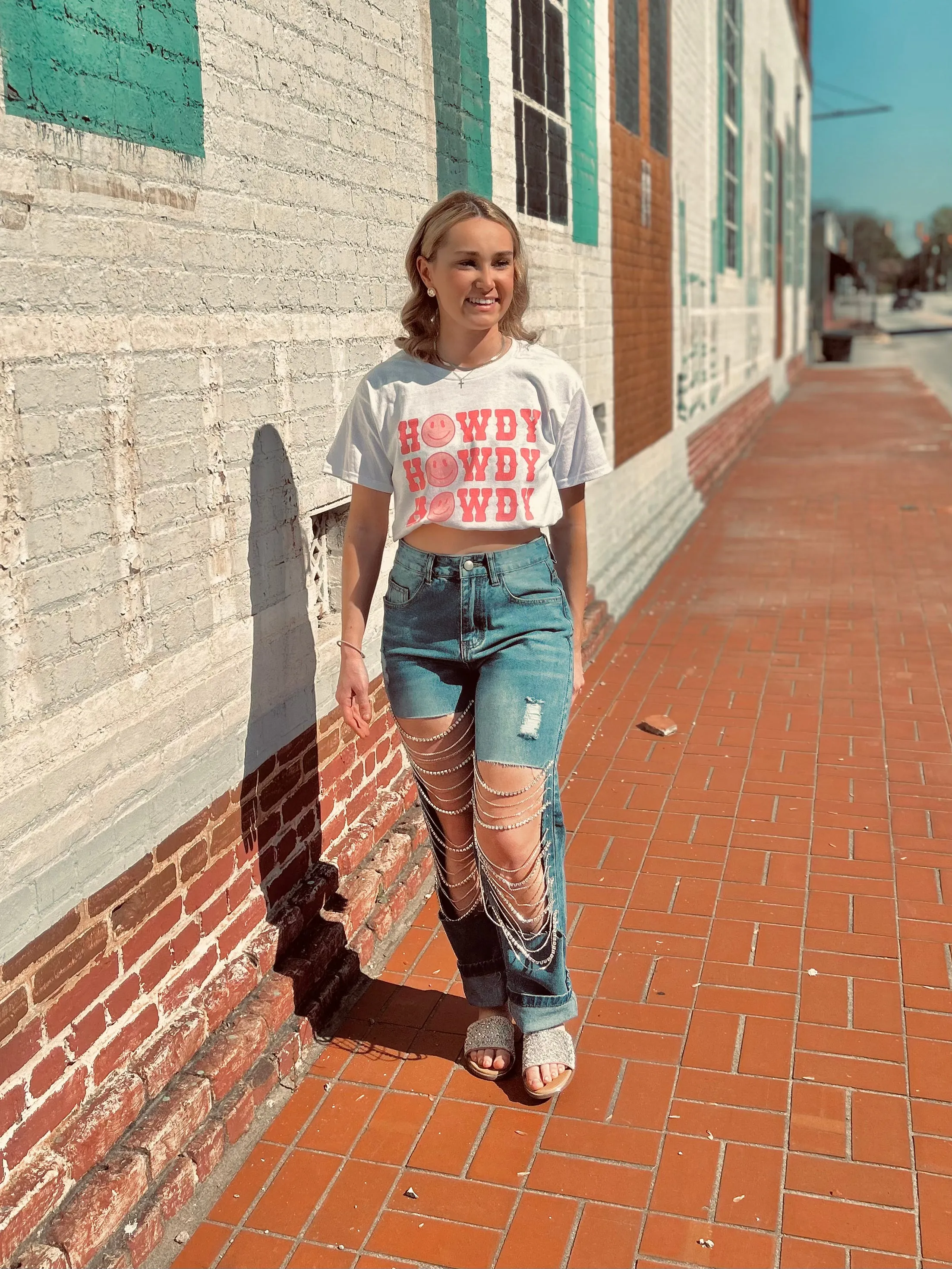 Rhinestone cut out jeans