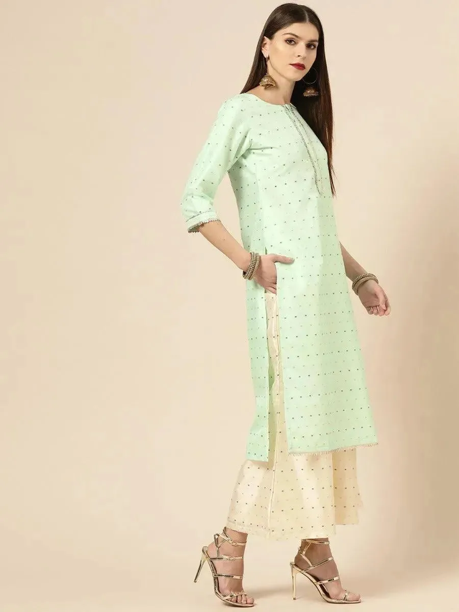 Sea Green Self Design Chanderi Silk Straight Kurta With Palazzos & Dupatta