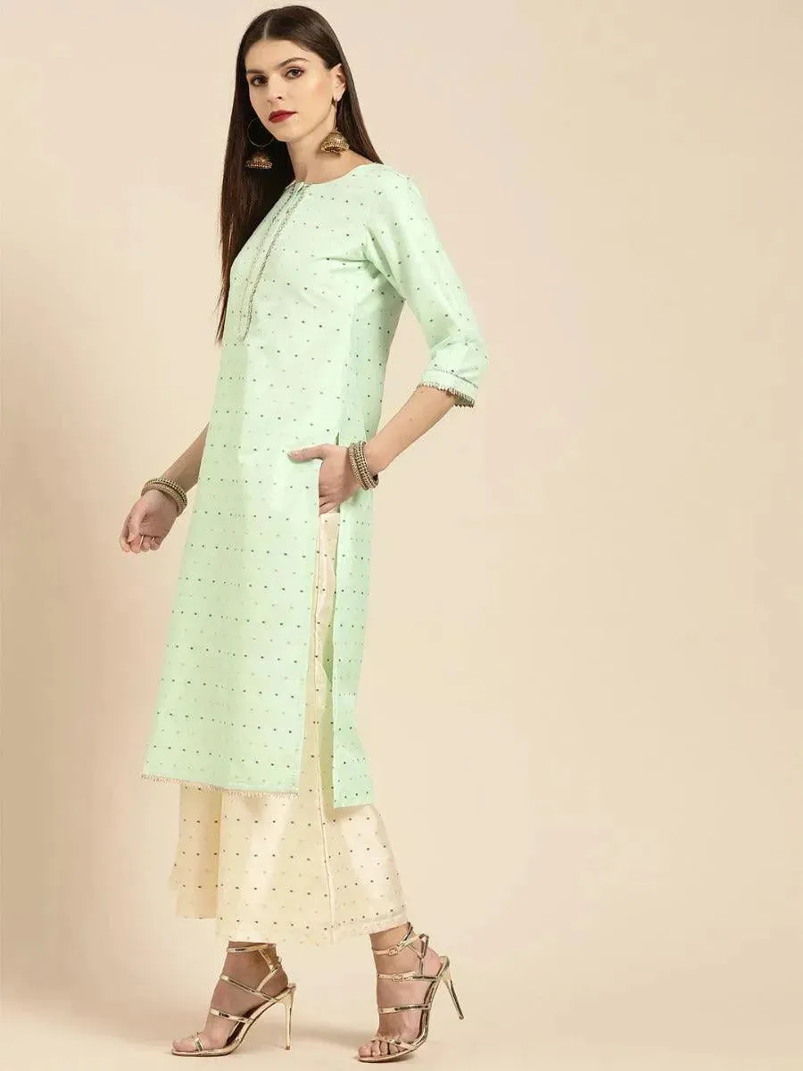 Sea Green Self Design Chanderi Silk Straight Kurta With Palazzos & Dupatta