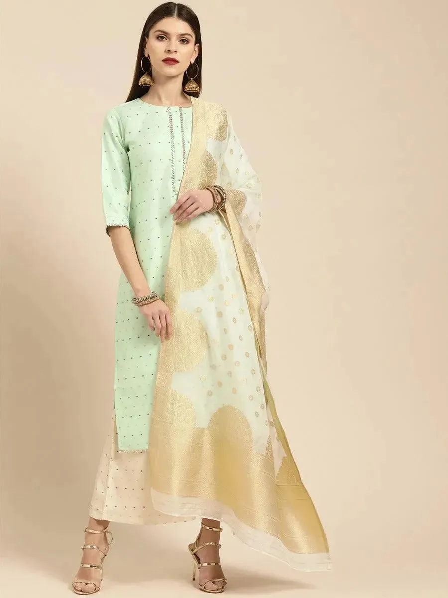 Sea Green Self Design Chanderi Silk Straight Kurta With Palazzos & Dupatta