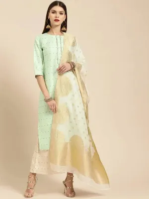 Sea Green Self Design Chanderi Silk Straight Kurta With Palazzos & Dupatta