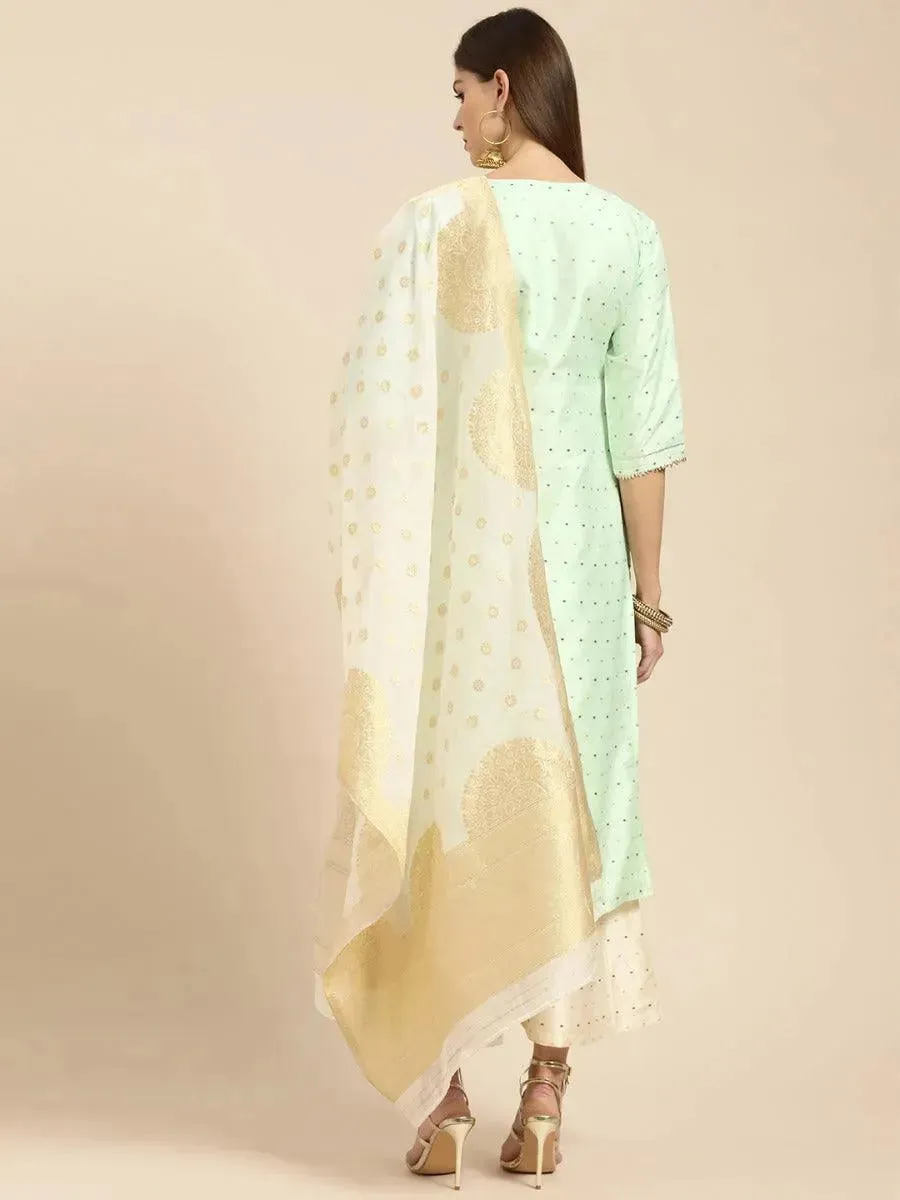 Sea Green Self Design Chanderi Silk Straight Kurta With Palazzos & Dupatta