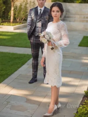 Sheath Scoop Tea-Length Lace Wedding Dress