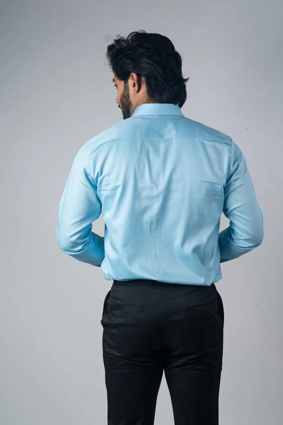 Sky Blue Color Micro Checks Texture Satin Cotton Shirt For Men