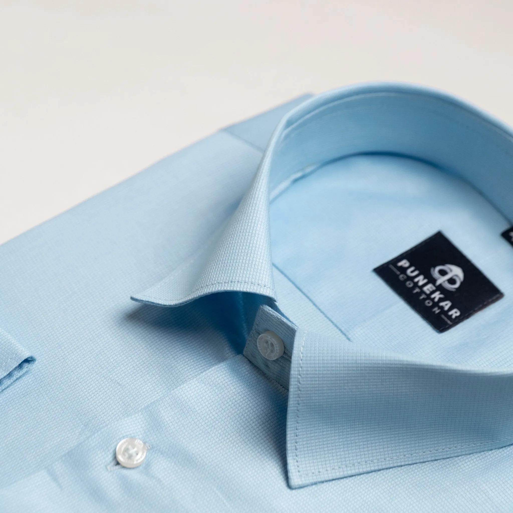 Sky Blue Color Micro Checks Texture Satin Cotton Shirt For Men