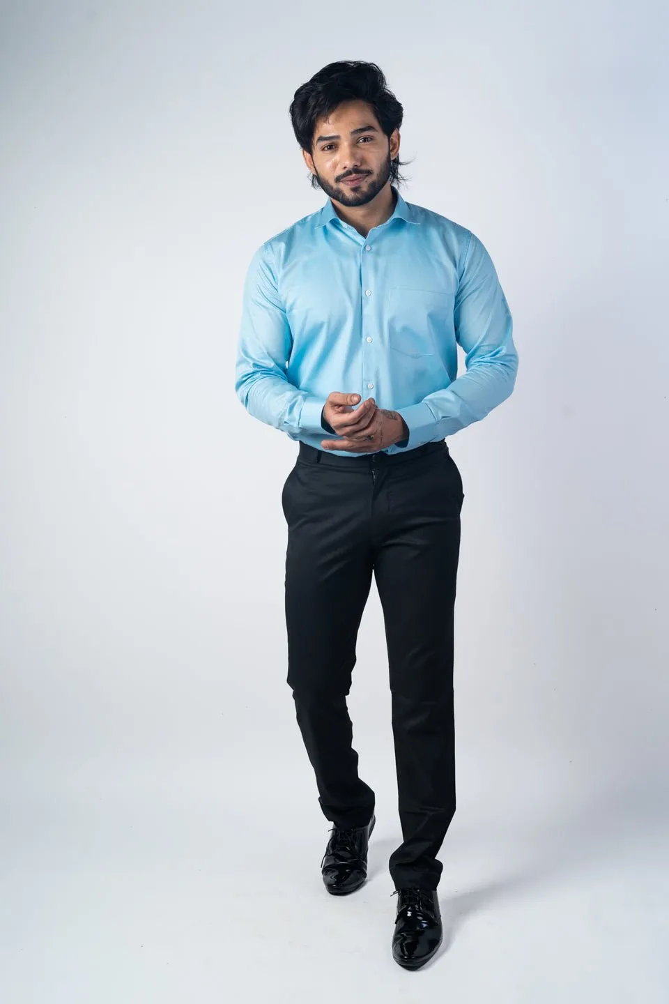 Sky Blue Color Micro Checks Texture Satin Cotton Shirt For Men