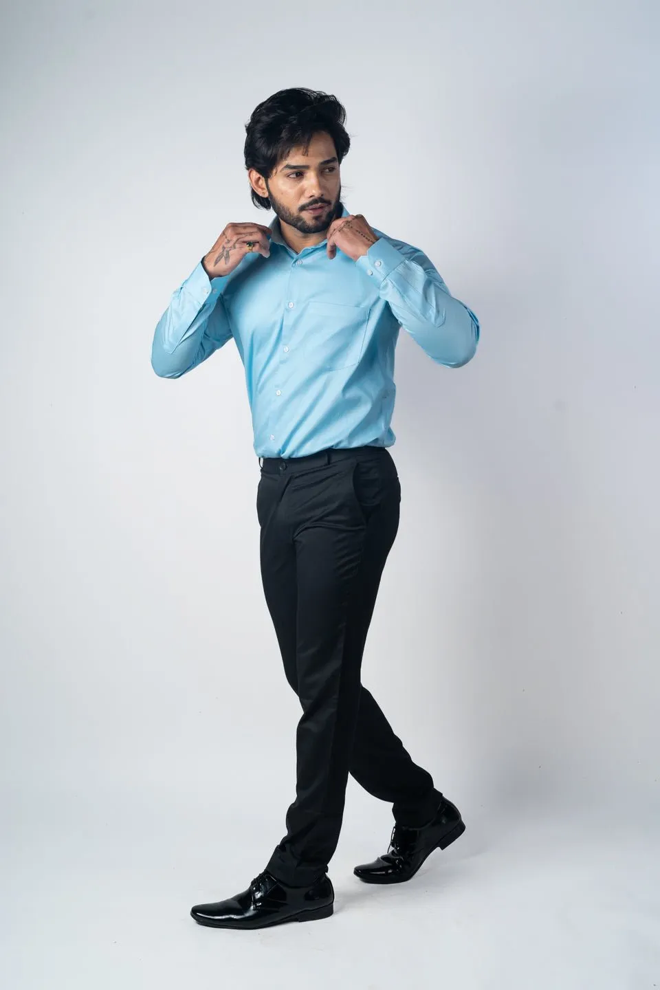 Sky Blue Color Micro Checks Texture Satin Cotton Shirt For Men