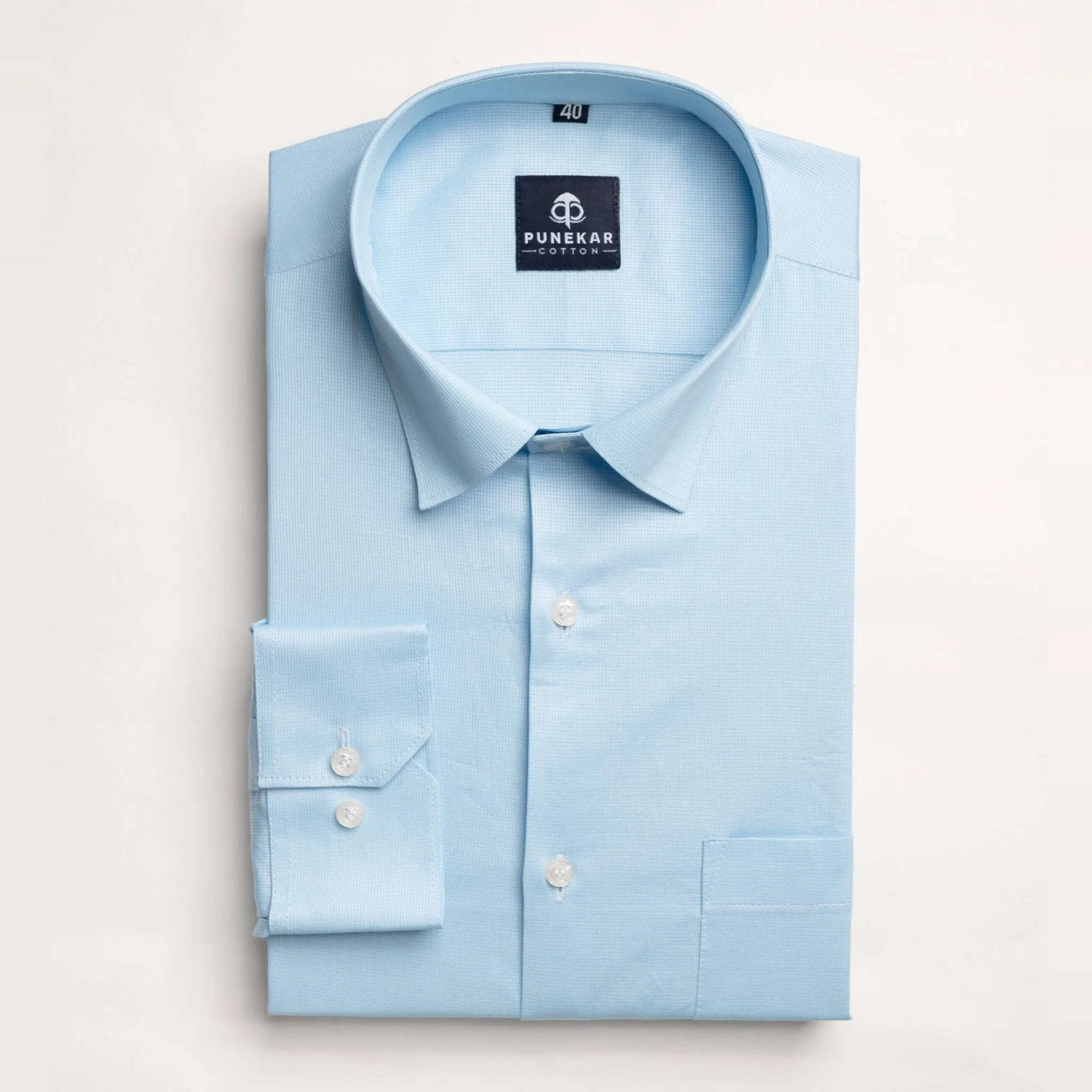 Sky Blue Color Micro Checks Texture Satin Cotton Shirt For Men