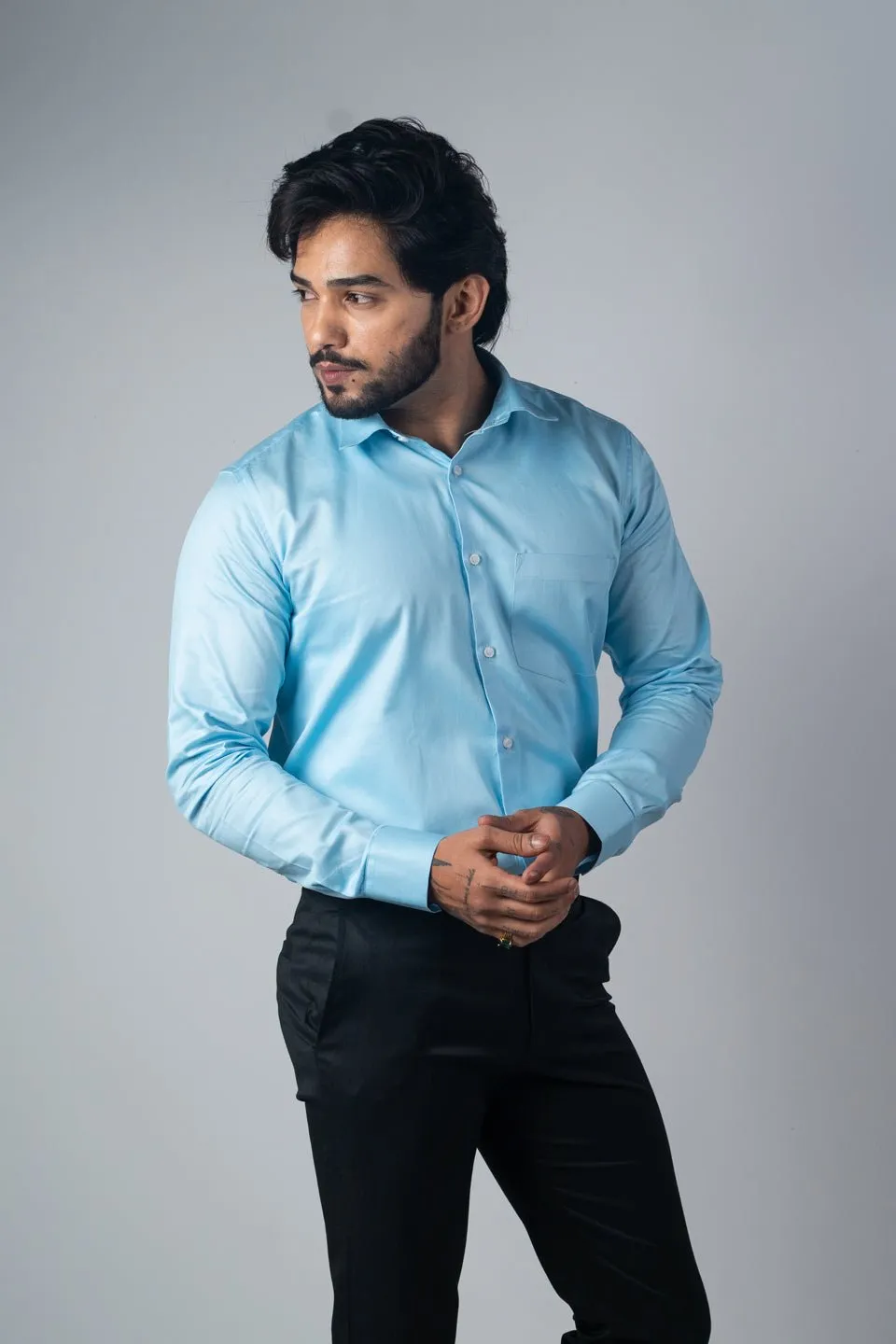 Sky Blue Color Micro Checks Texture Satin Cotton Shirt For Men