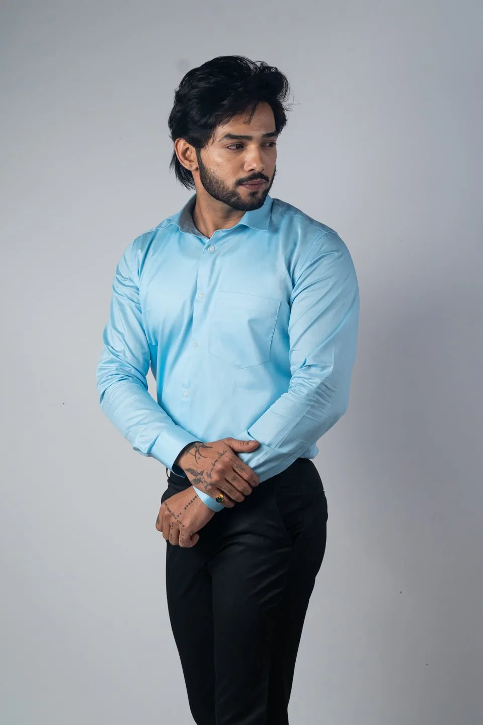 Sky Blue Color Micro Checks Texture Satin Cotton Shirt For Men