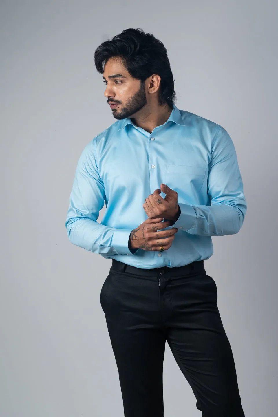 Sky Blue Color Micro Checks Texture Satin Cotton Shirt For Men