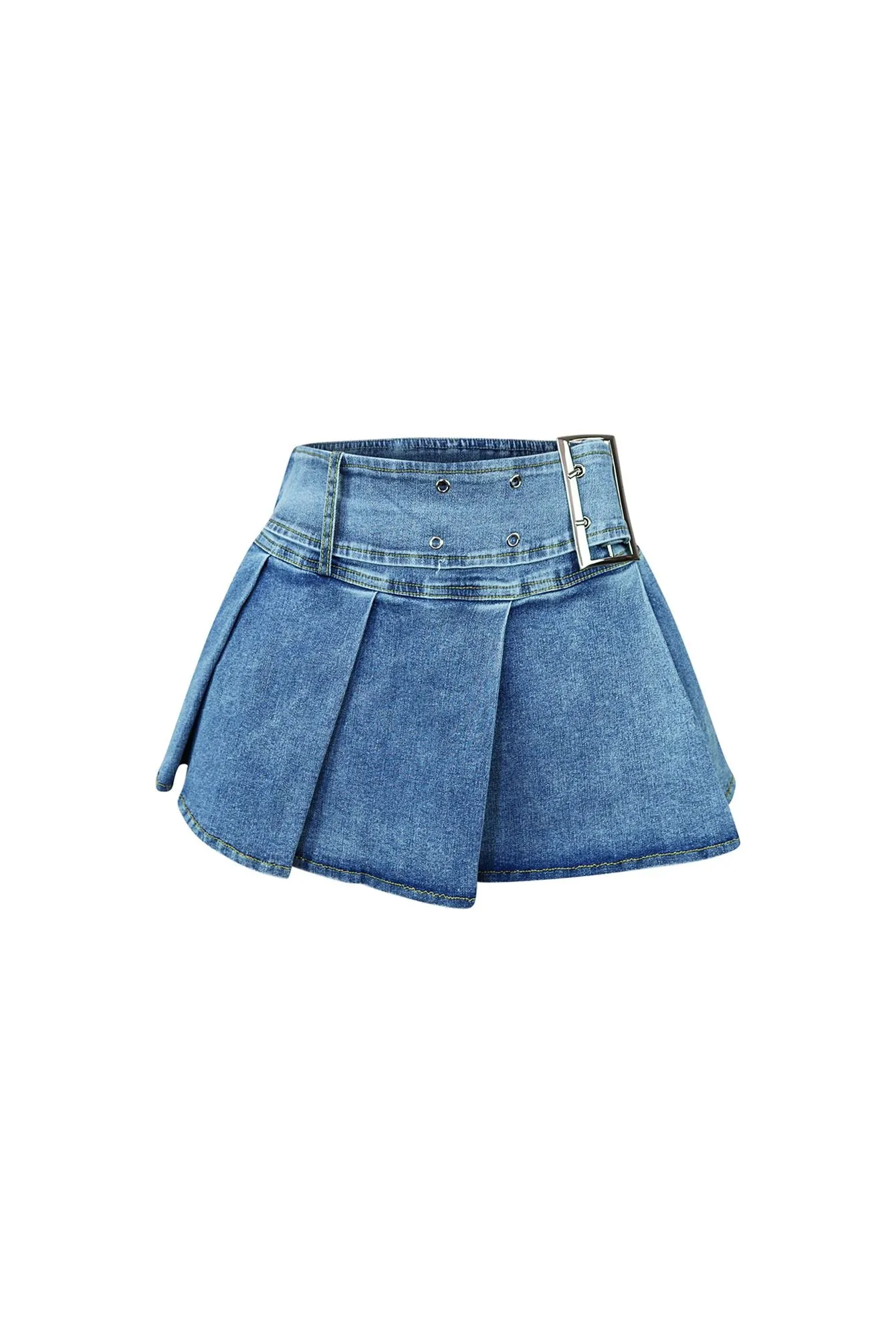Skyscraper Denim Pleated Mini Skirt With Belt