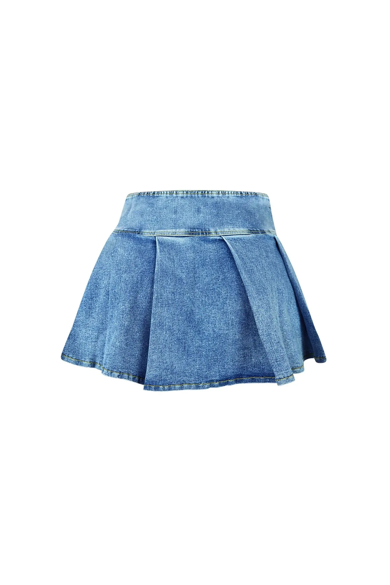 Skyscraper Denim Pleated Mini Skirt With Belt