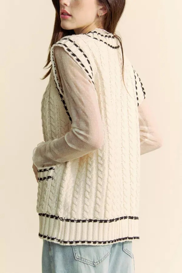 SOLID V NECK SLEEVELESS POCKET TUNIC KNIT SWEATER