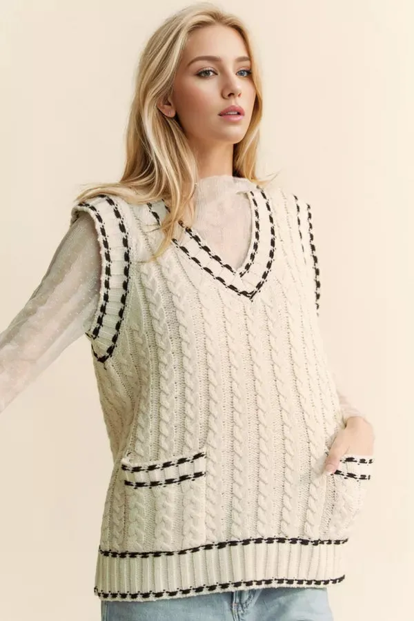 SOLID V NECK SLEEVELESS POCKET TUNIC KNIT SWEATER