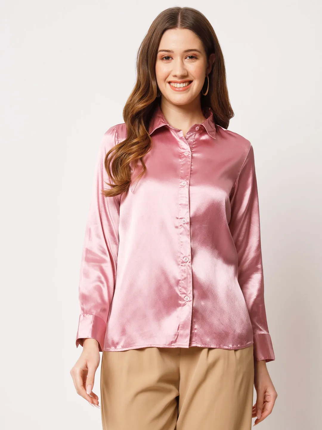 Spread Collar Long Sleeves Satin Classic Shirt