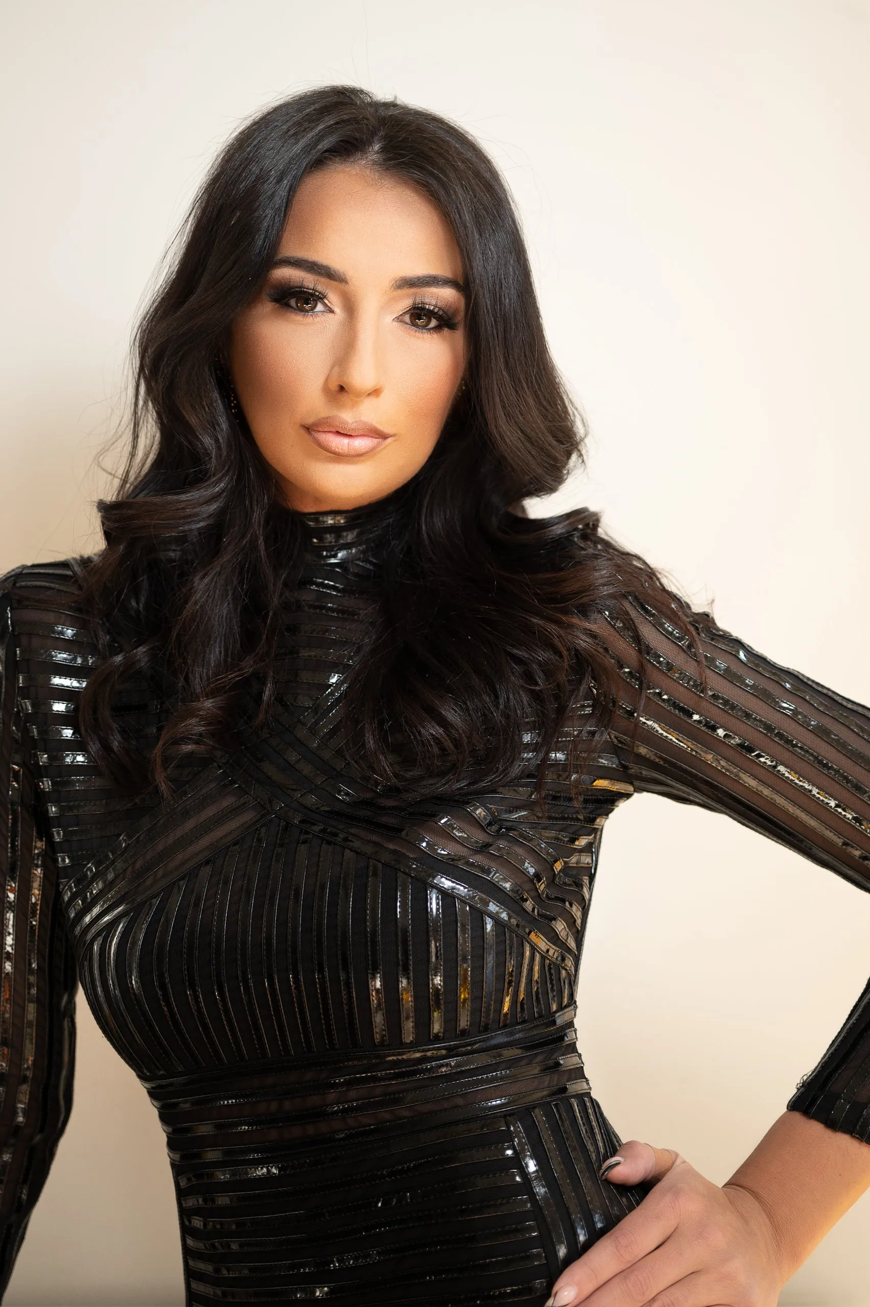 Stephanie Faux Leather and Mesh Bodycon Mini Long Sleeve Dress