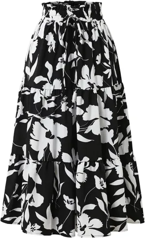 Summer Midi Skirts for Women Fashion Floral Print Elastic High Waist Ruffle Hem Skirt Casual Flowy Color Block Skirt