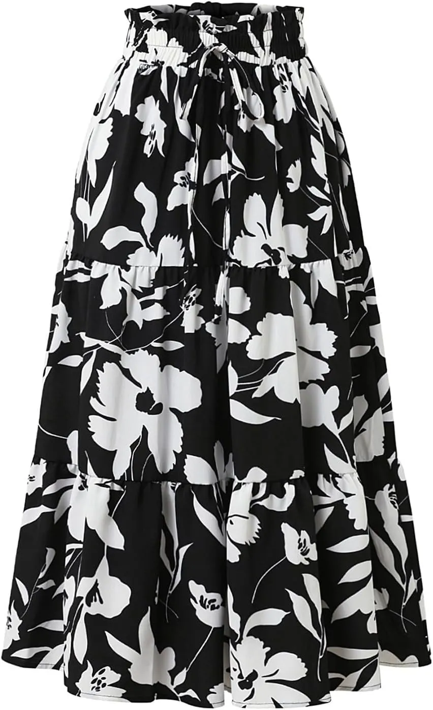 Summer Midi Skirts for Women Fashion Floral Print Elastic High Waist Ruffle Hem Skirt Casual Flowy Color Block Skirt