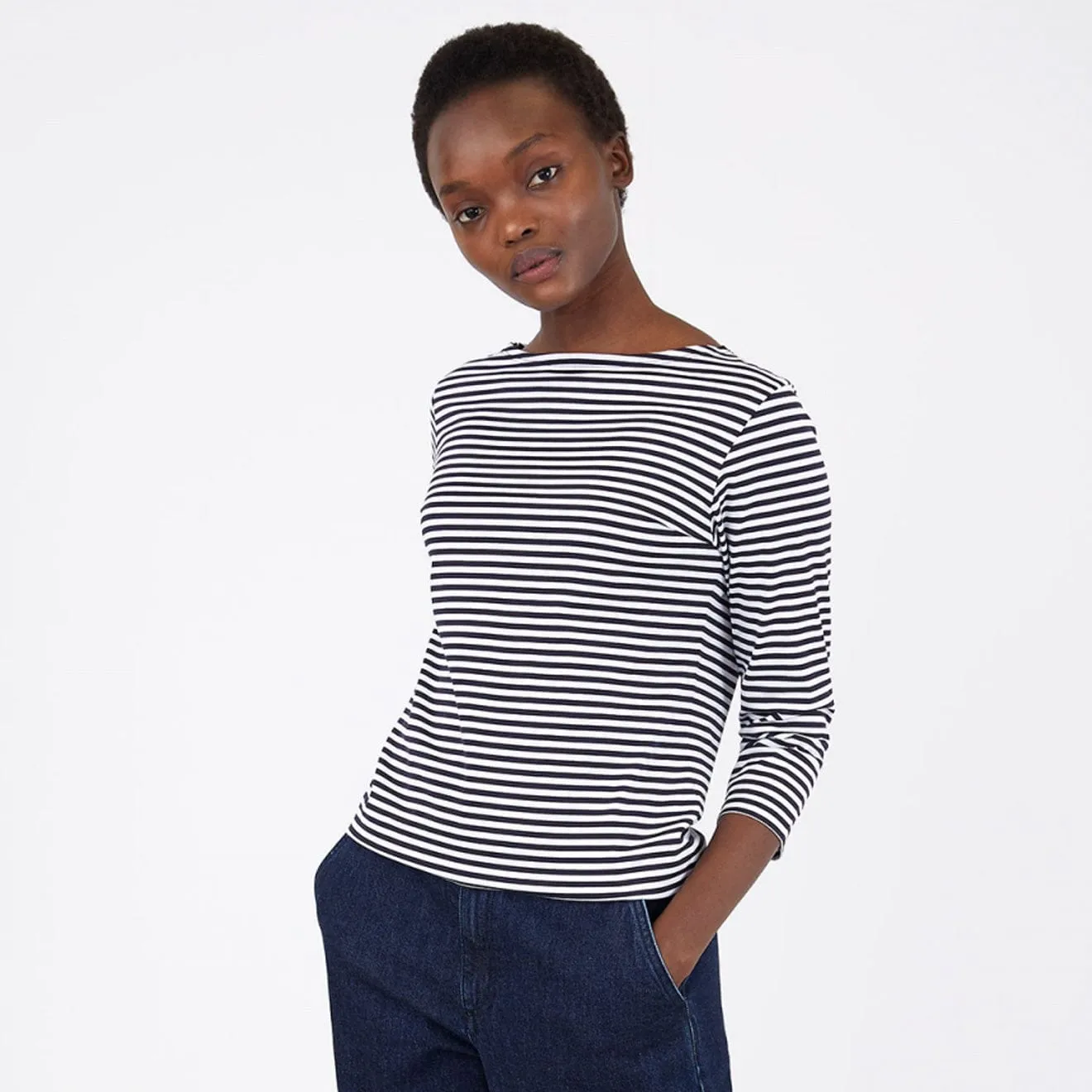 Sunspel Womens 3/4 Sleeve Boat Neck T-Shirt White / Navy Stripe